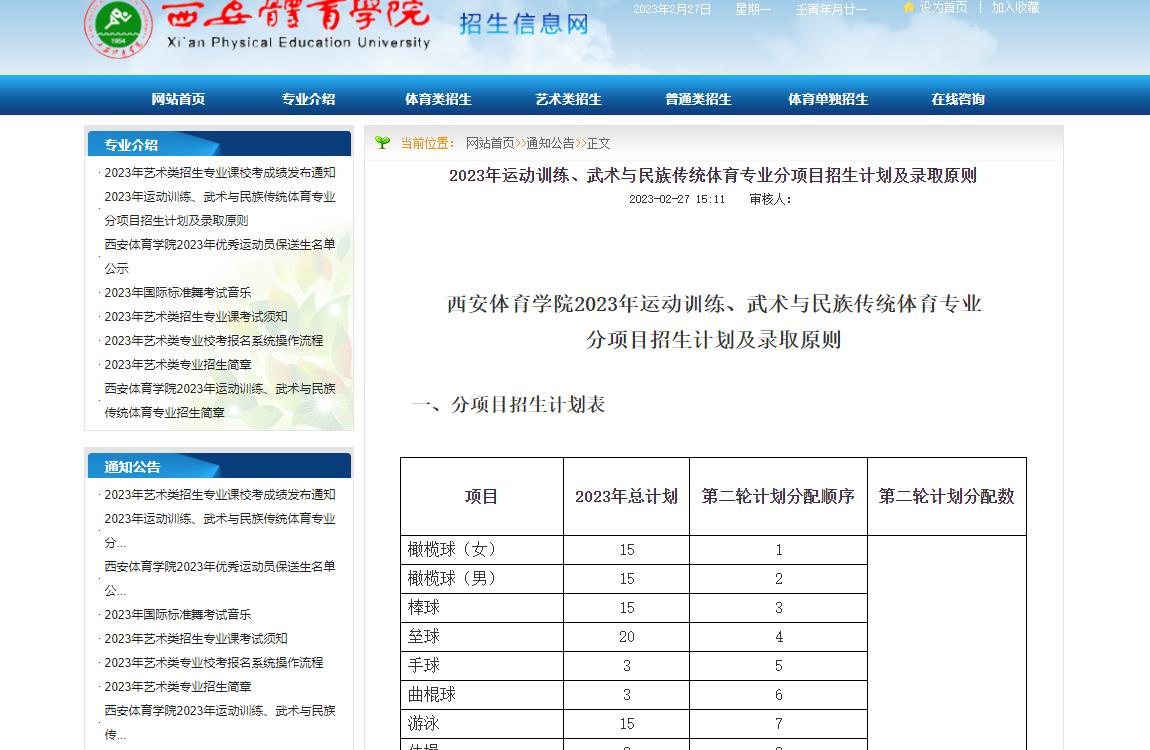 西安体育学院2023年运动训练、武术与民族传统体育专业分项目招生计划及录取原则